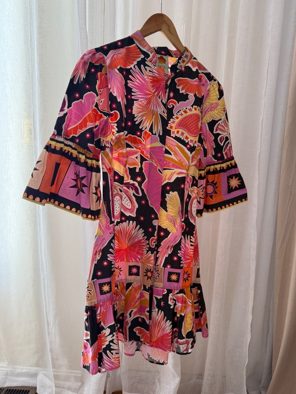 FARM Rio Black Mini Dress with Pink, Orange & Yellow Tropical Print